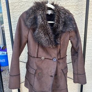 Bershka faux suede faux fur Brown shearling lined Jacket with Faux Fur Collar M